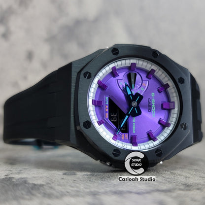 Casioak Mod Black Case Black Rub Silver Purple Time Mark Purple Dial 44mm- Casioak Mod Casio G-Shock Royal Oak Custom Mens Luxury Watches Ga2100