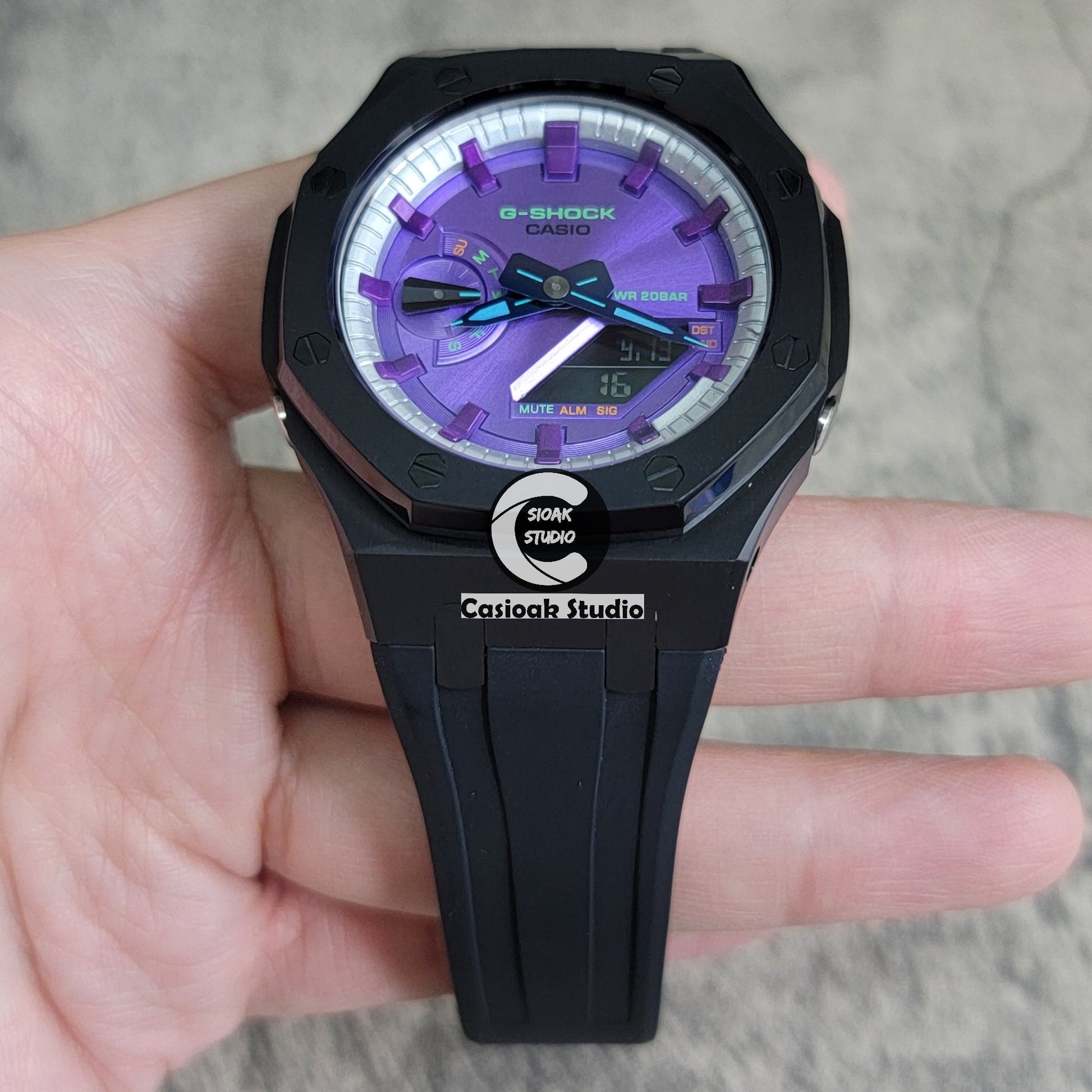 Casioak Mod Black Case Black Rub Silver Purple Time Mark Purple Dial 44mm- Casioak Mod Casio G-Shock Royal Oak Custom Mens Luxury Watches Ga2100