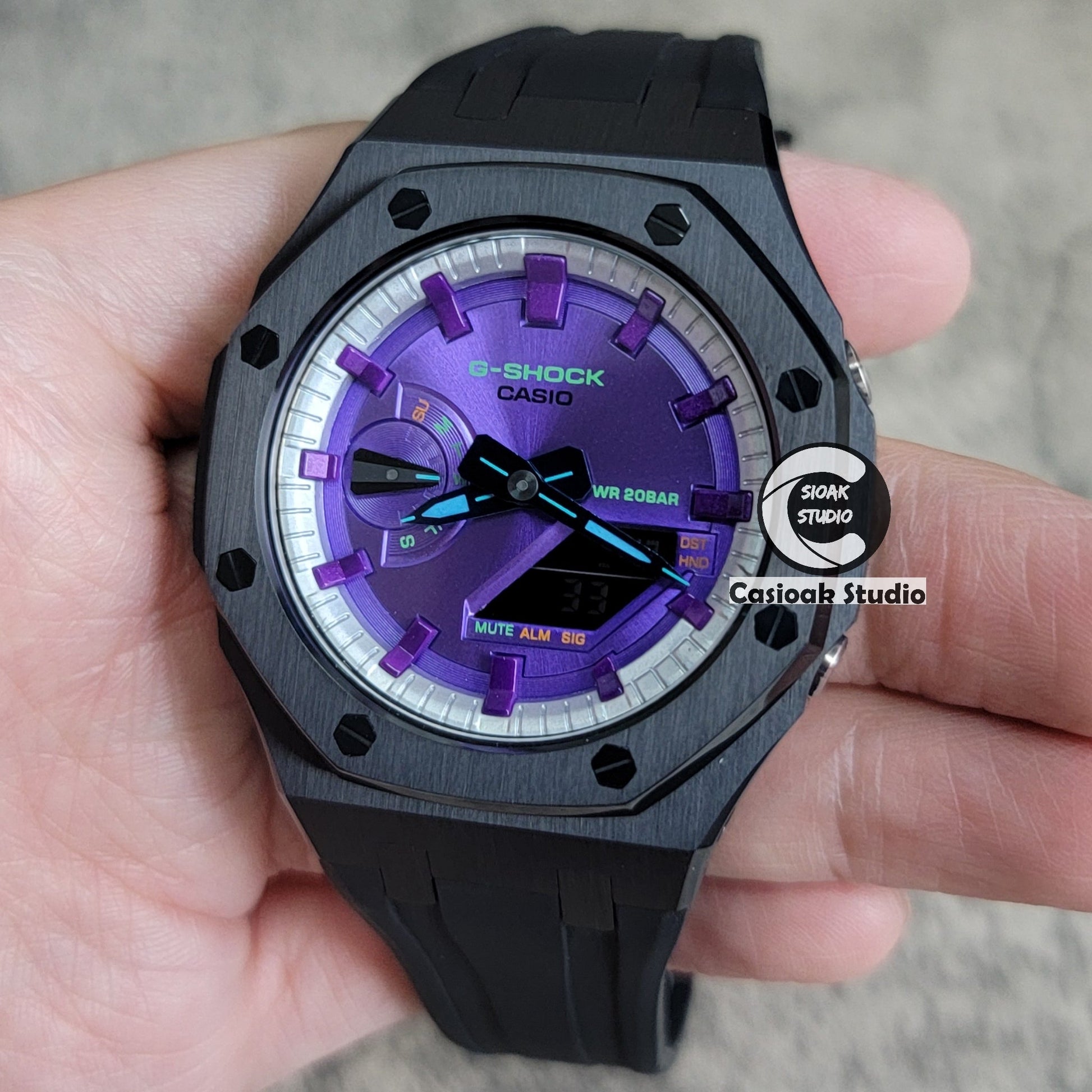 Casioak Mod Black Case Black Rub Silver Purple Time Mark Purple Dial 44mm- Casioak Mod Casio G-Shock Royal Oak Custom Mens Luxury Watches Ga2100