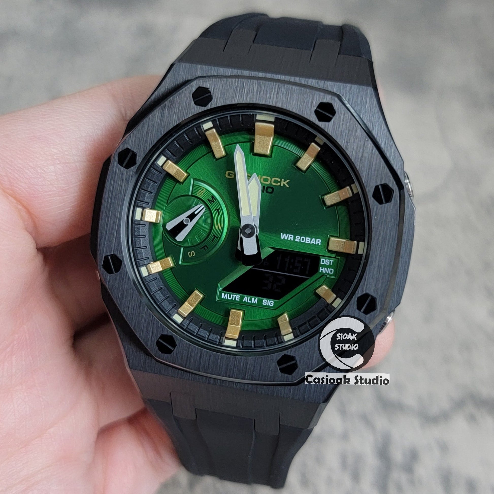 Casioak Mod Black Case Metal Strap Black Gold Time Mark Green Dial 44mm- Casioak Mod Casio G-Shock Royal Oak Custom Mens Luxury Watches Ga2100