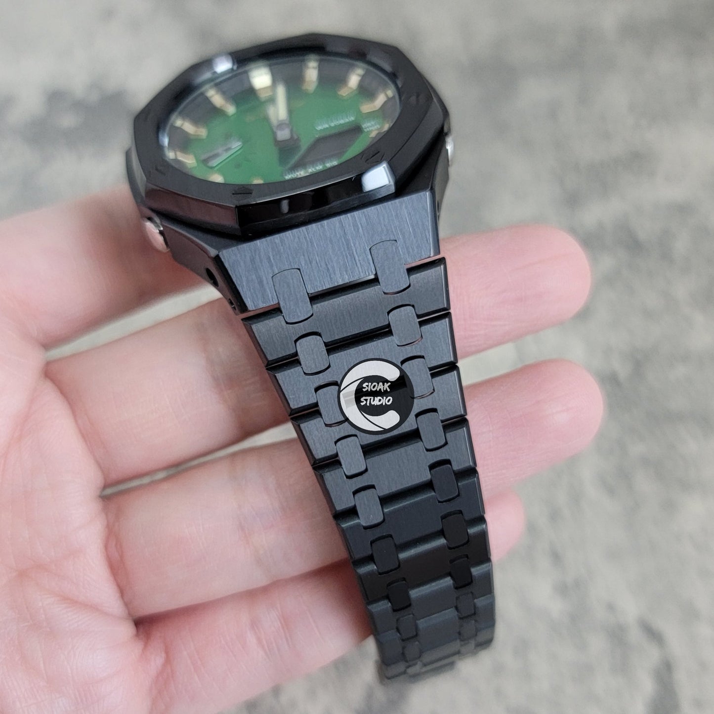 Casioak Mod Black Case Metal Strap Black Gold Time Mark Green Dial 44mm- Casioak Mod Casio G-Shock Royal Oak Custom Mens Luxury Watches Ga2100