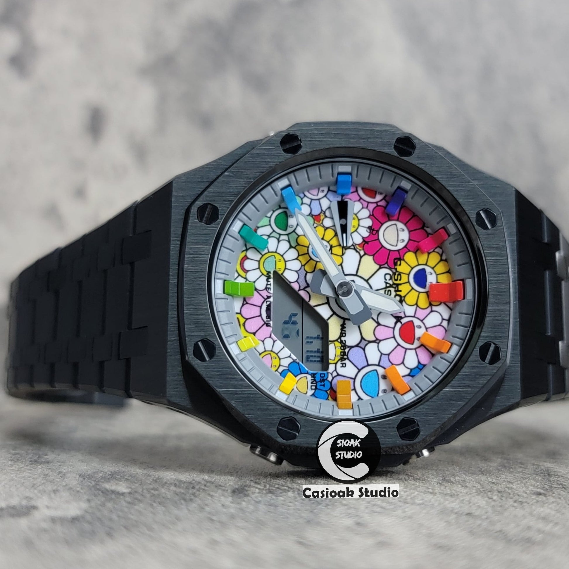 Casioak Mod Black Case Metal Strap Rainbow Time Mark Takashi Murakami Dial 44mm- Casioak Mod Casio G-Shock Royal Oak Custom Mens Luxury Watches Ga2100