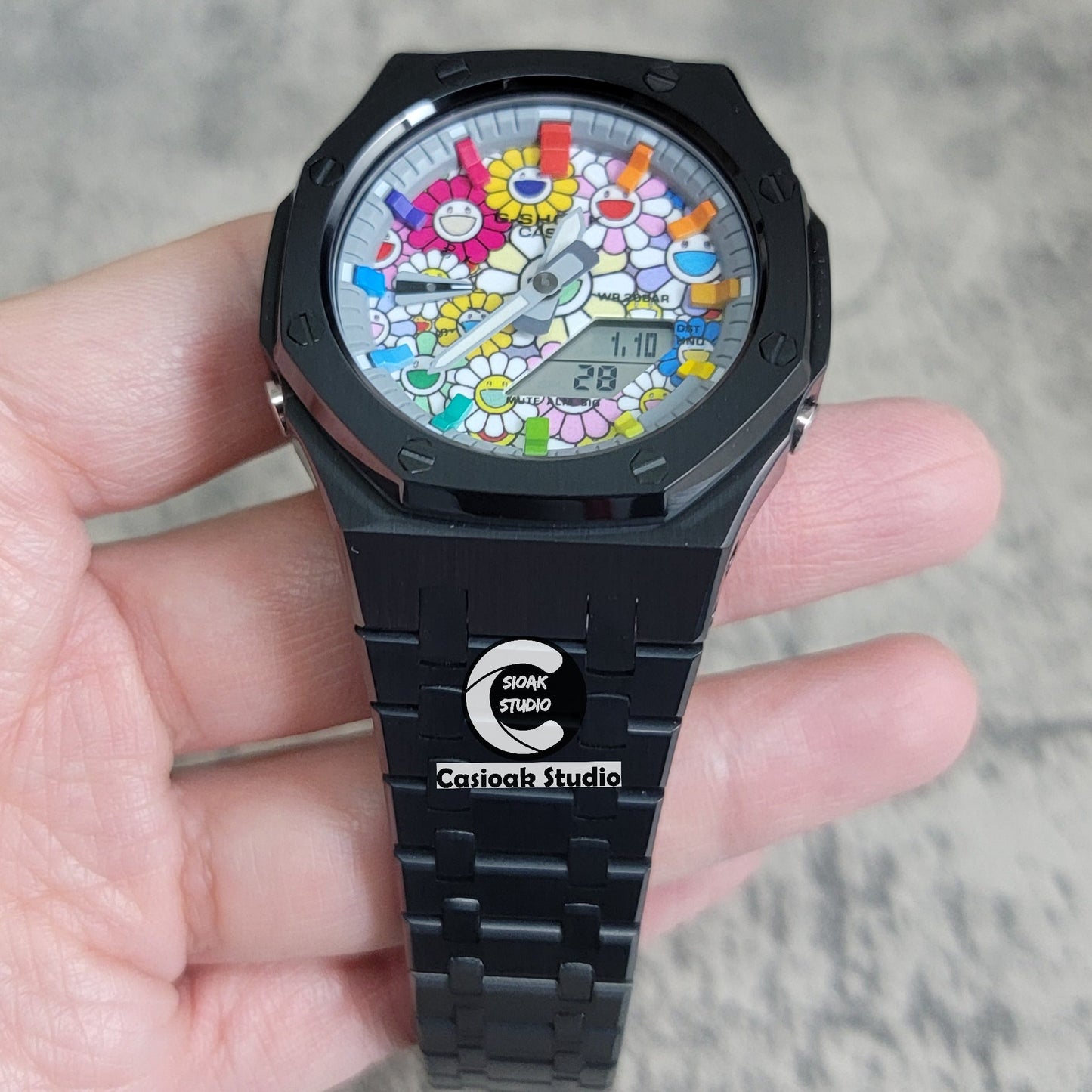 Casioak Mod Black Case Metal Strap Rainbow Time Mark Takashi Murakami Dial 44mm- Casioak Mod Casio G-Shock Royal Oak Custom Mens Luxury Watches Ga2100