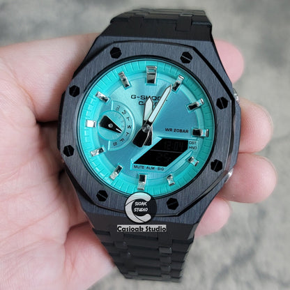 Casioak Mod Black Case Metal Strap Silver Time Mark Blue Dial 44mm- Casioak Mod Casio G-Shock Royal Oak Custom Mens Luxury Watches Ga2100