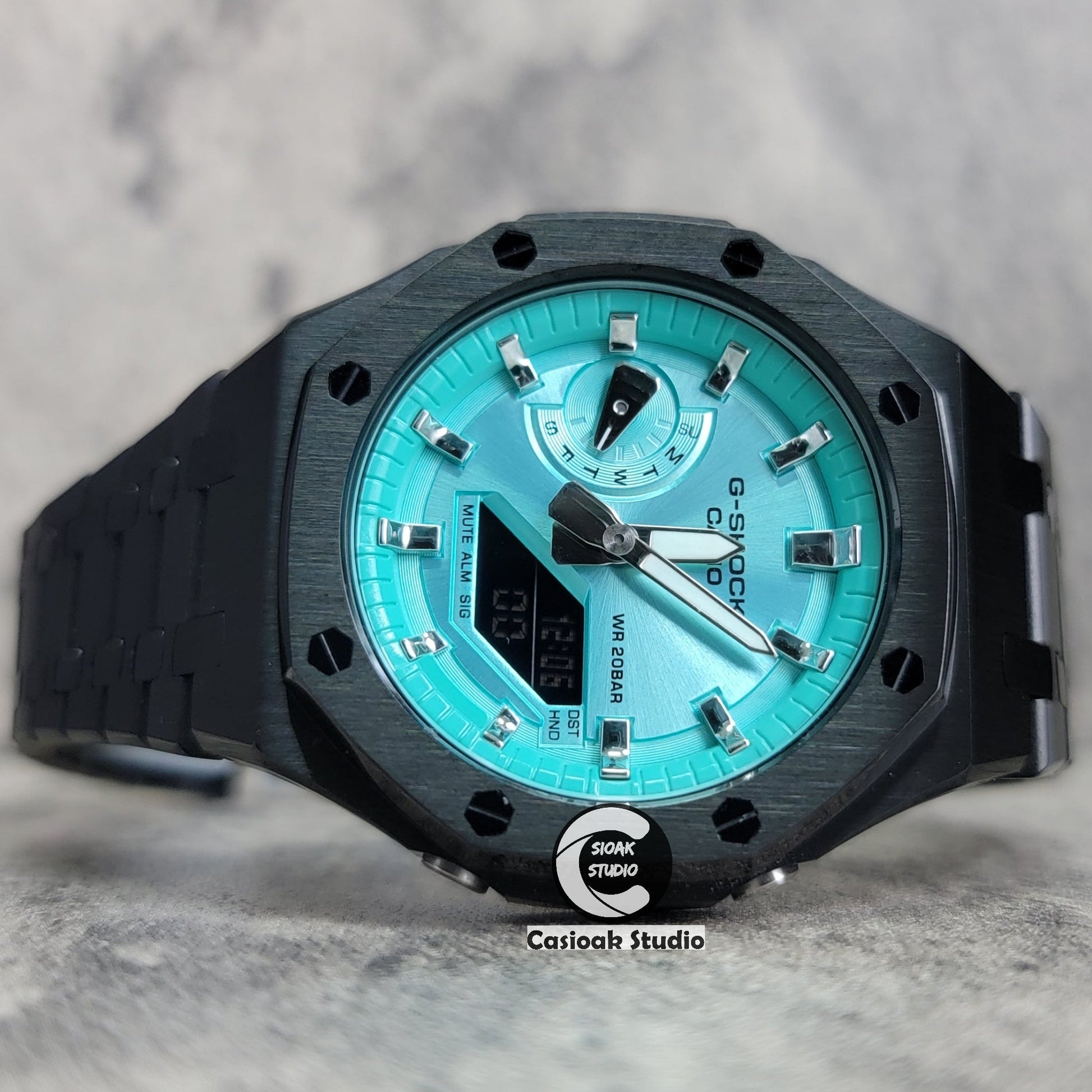 Casioak Mod Black Case Metal Strap Silver Time Mark Blue Dial 44mm- Casioak Mod Casio G-Shock Royal Oak Custom Mens Luxury Watches Ga2100