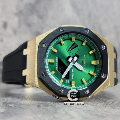 Casioak Mod Black Gold Case Metal Strap Black Gold Time Mark Green Dial 44mm- Casioak Mod Casio G-Shock Royal Oak Custom Mens Luxury Watches Ga2100