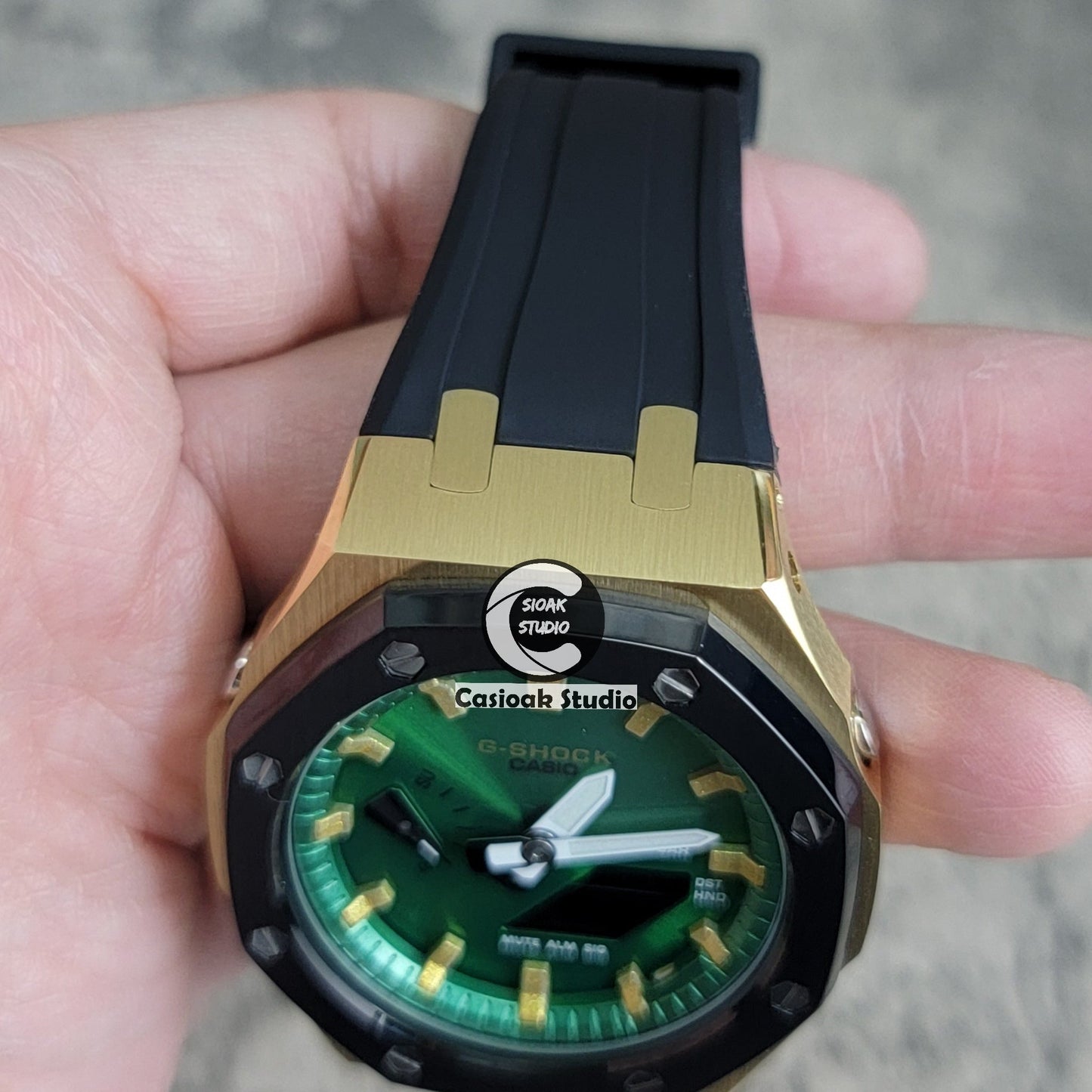 Casioak Mod Black Gold Case Metal Strap Black Gold Time Mark Green Dial 44mm- Casioak Mod Casio G-Shock Royal Oak Custom Mens Luxury Watches Ga2100