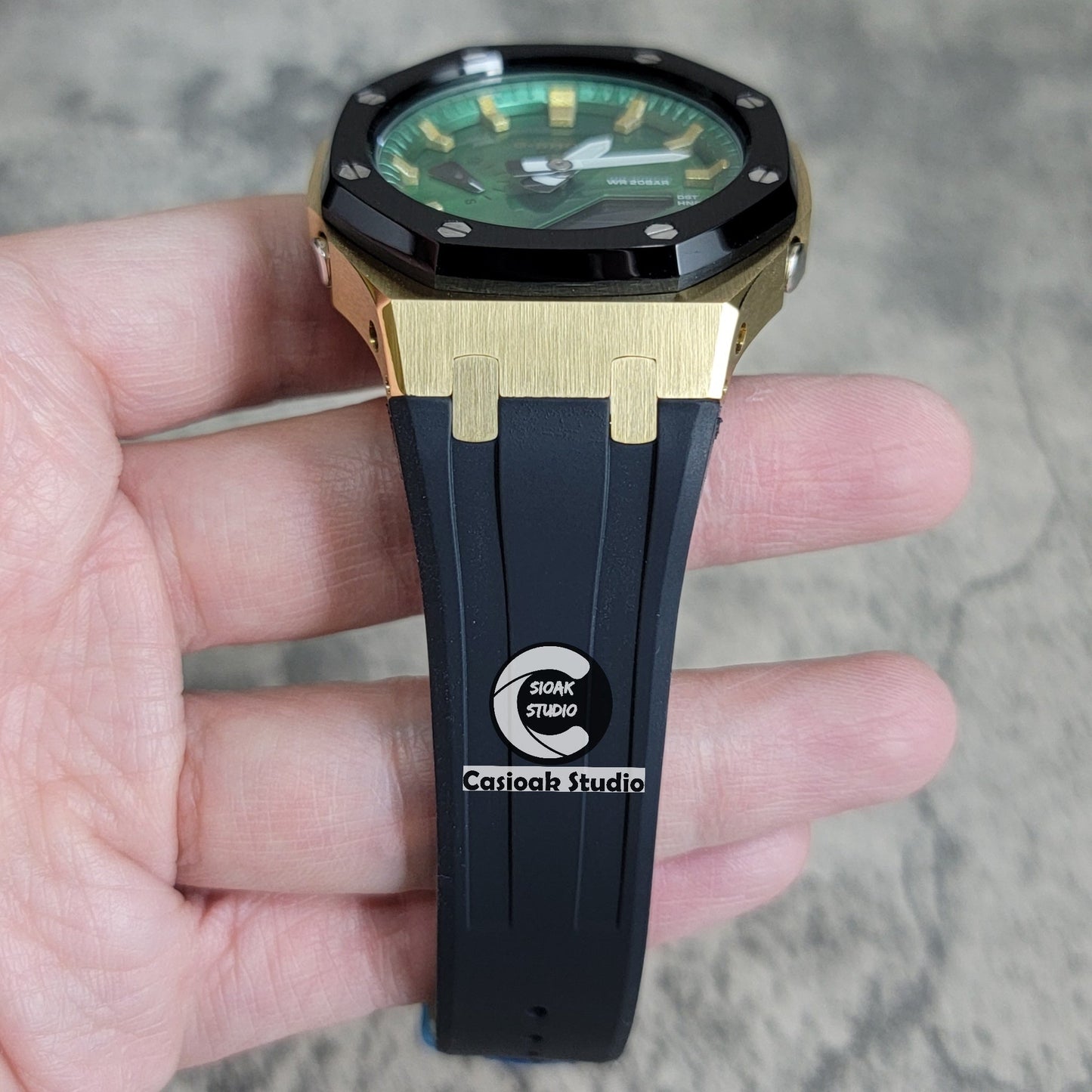 Casioak Mod Black Gold Case Metal Strap Black Gold Time Mark Green Dial 44mm- Casioak Mod Casio G-Shock Royal Oak Custom Mens Luxury Watches Ga2100