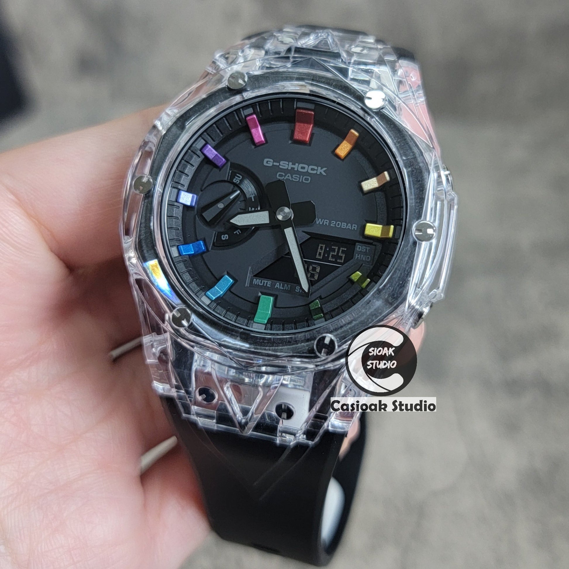 Casioak Mod Black Transparent Case Black Strap Black Rainbow Time Mark Black Dial 44mm- Casioak Mod Casio G-Shock Royal Oak Custom Mens Luxury Watches Ga2100