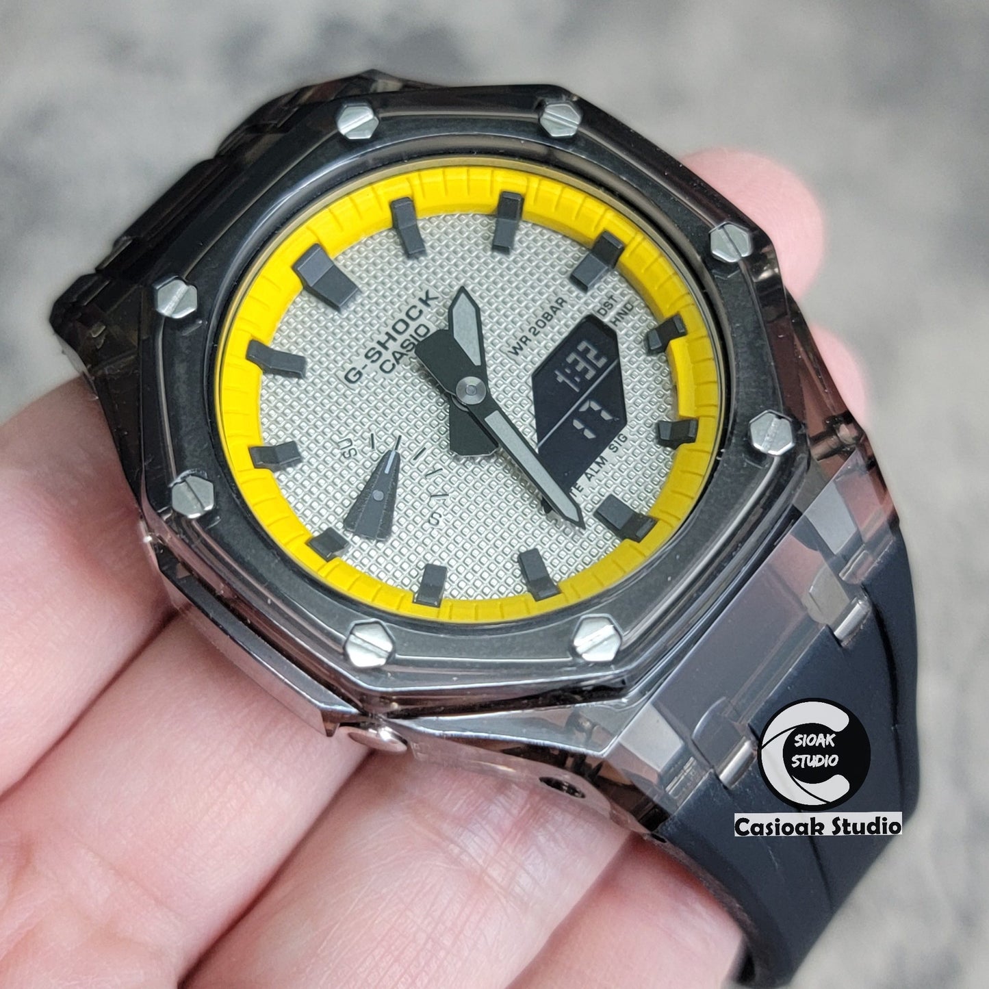 Casioak Mod Black Transparent Case Black Strap Yellow Black Time Mark Gray Waffle Dial 44mm- Casioak Mod Casio G-Shock Royal Oak Custom Mens Luxury Watches Ga2100