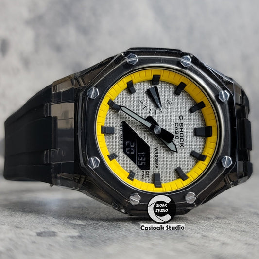 Casioak Mod Black Transparent Case Black Strap Yellow Black Time Mark Gray Waffle Dial 44mm- Casioak Mod Casio G-Shock Royal Oak Custom Mens Luxury Watches Ga2100