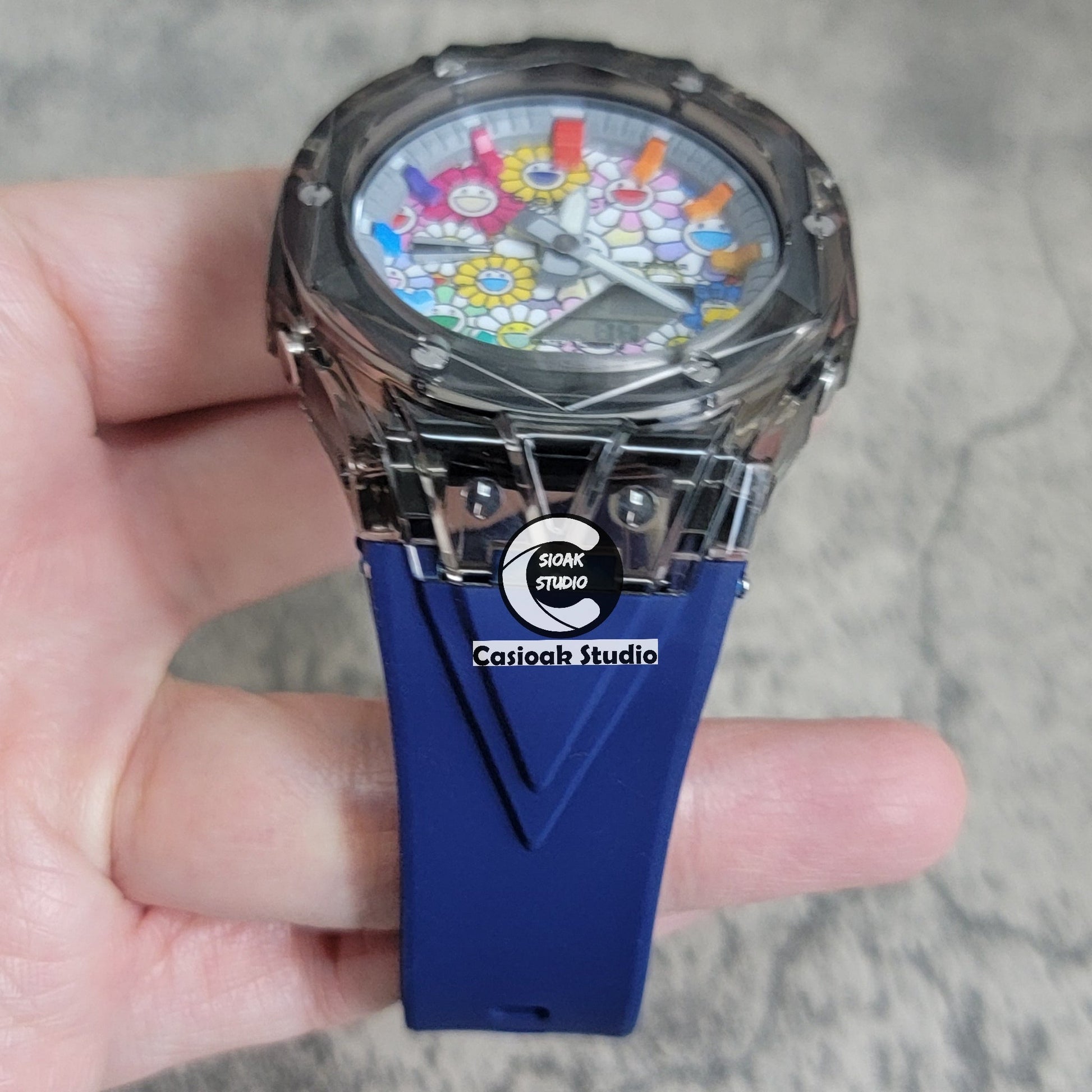 Casioak Mod Black Transparent Case Blue Strap Gray Rainbow Time Mark Takashi Murakami Dial 44mm- Casioak Mod Casio G-Shock Royal Oak Custom Mens Luxury Watches Ga2100