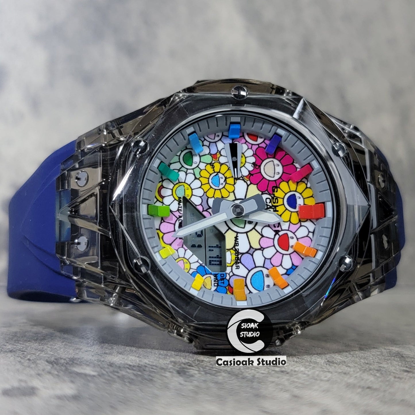 Casioak Mod Black Transparent Case Blue Strap Gray Rainbow Time Mark Takashi Murakami Dial 44mm- Casioak Mod Casio G-Shock Royal Oak Custom Mens Luxury Watches Ga2100