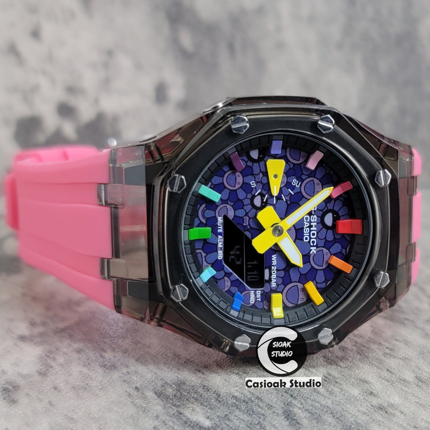 Casioak Mod Black Transparent Case Pink Strap Black Rainbow Time Mark Purple Takashi Murakami Dial 44mm- Casioak Mod Casio G-Shock Royal Oak Custom Mens Luxury Watches Ga2100