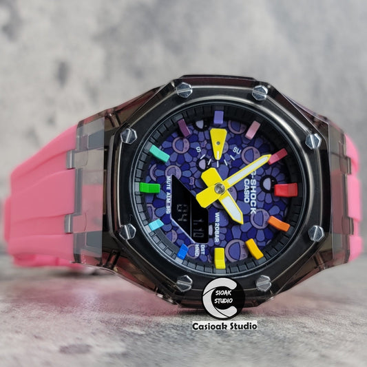 Casioak Mod Black Transparent Case Pink Strap Black Rainbow Time Mark Purple Takashi Murakami Dial 44mm- Casioak Mod Casio G-Shock Royal Oak Custom Mens Luxury Watches Ga2100