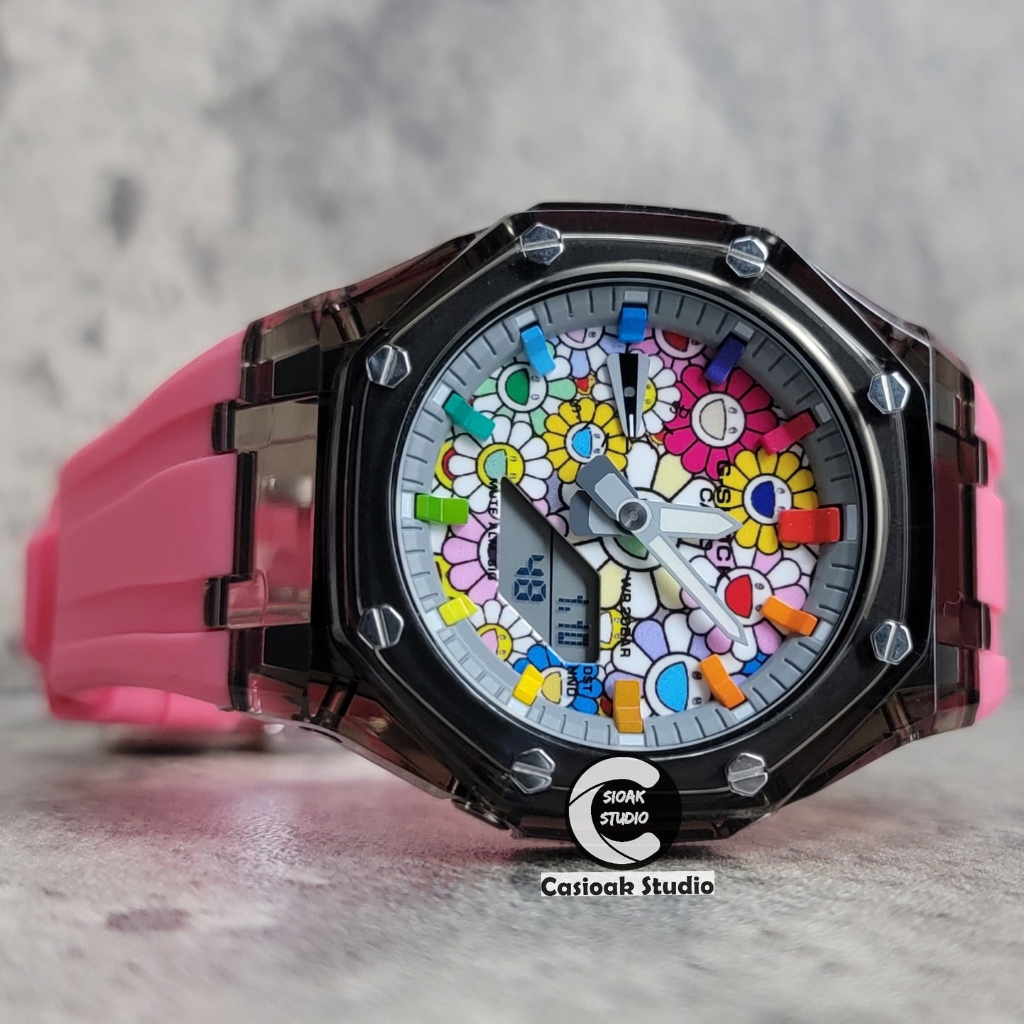 Casioak Mod Black Transparent Case Pink Strap Gray Rainbow Time Mark Takashi Murakami Dial 44mm- Casioak Mod Casio G-Shock Royal Oak Custom Mens Luxury Watches Ga2100