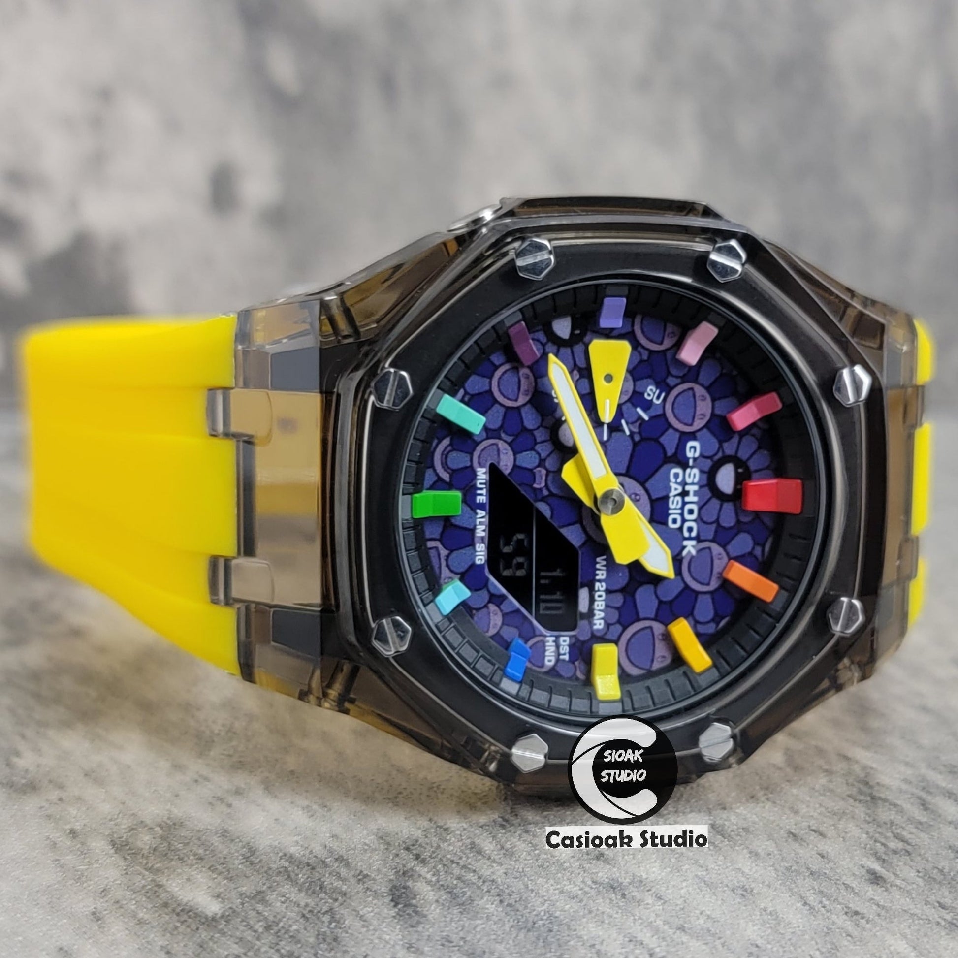 Casioak Mod Black Transparent Case Yellow Strap Black Rainbow Time Mark Purple Takashi Murakami Dial 44mm- Casioak Mod Casio G-Shock Royal Oak Custom Mens Luxury Watches Ga2100