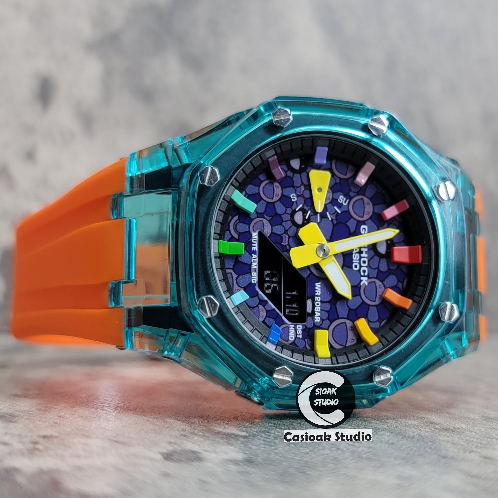 Casioak Mod Blue Transparent Case Orange Strap Black Rainbow Time Mark Purple Takashi Murakami Dial 44mm- Casioak Mod Casio G-Shock Royal Oak Custom Mens Luxury Watches Ga2100