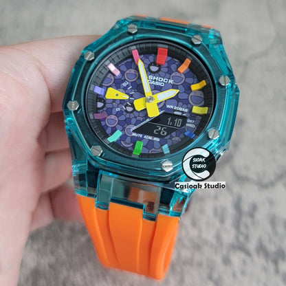 Casioak Mod Blue Transparent Case Orange Strap Black Rainbow Time Mark Purple Takashi Murakami Dial 44mm- Casioak Mod Casio G-Shock Royal Oak Custom Mens Luxury Watches Ga2100