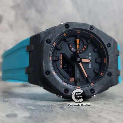 Casioak Mod Carbon Fiber Offshore Superior Black Case Tiff Blue Strap Black Time Mark Black Dial 44mm Orange Style- Casioak Mod Casio G-Shock Royal Oak Custom Mens Luxury Watches Ga2100