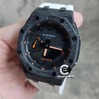 Casioak Mod Carbon Fiber Offshore Superior Black Case White Strap Black Time Mark Black Dial 44mm Orange Style- Casioak Mod Casio G-Shock Royal Oak Custom Mens Luxury Watches Ga2100