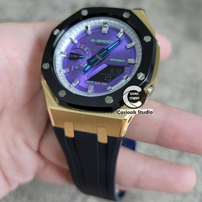 Casioak Mod Gold Black Case Black Rub Silver Time Mark Purple Dial 44mm- Casioak Mod Casio G-Shock Royal Oak Custom Mens Luxury Watches Ga2100