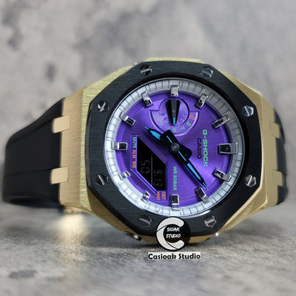 Casioak Mod Gold Black Case Black Rub Silver Time Mark Purple Dial 44mm- Casioak Mod Casio G-Shock Royal Oak Custom Mens Luxury Watches Ga2100