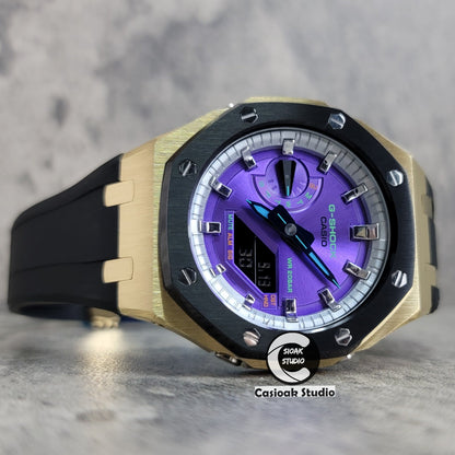 Casioak Mod Gold Black Case Black Rub Silver Time Mark Purple Dial 44mm- Casioak Mod Casio G-Shock Royal Oak Custom Mens Luxury Watches Ga2100