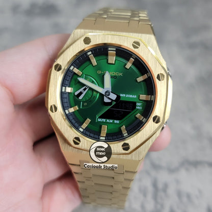 Casioak Mod Gold Case Metal Strap Black Gold Time Mark Green Dial 44mm- Casioak Mod Casio G-Shock Royal Oak Custom Mens Luxury Watches Ga2100