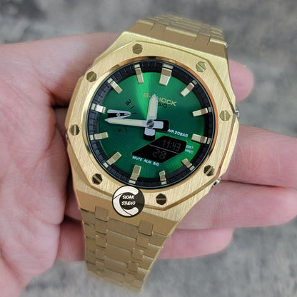 Casioak Mod Gold Case Metal Strap Black Gold Time Mark Green Dial 44mm- Casioak Mod Casio G-Shock Royal Oak Custom Mens Luxury Watches Ga2100