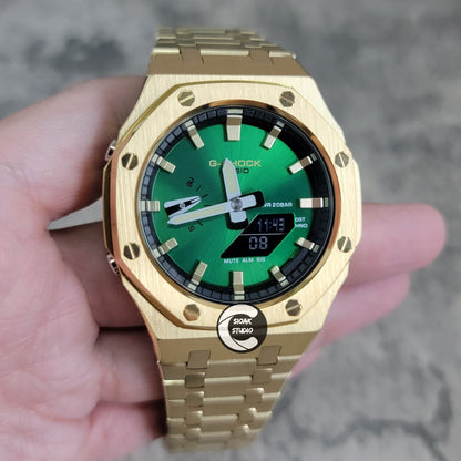 Casioak Mod Gold Case Metal Strap Black Gold Time Mark Green Dial 44mm- Casioak Mod Casio G-Shock Royal Oak Custom Mens Luxury Watches Ga2100