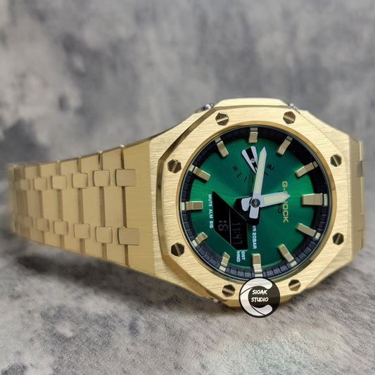 Casioak Mod Gold Case Metal Strap Black Gold Time Mark Green Dial 44mm- Casioak Mod Casio G-Shock Royal Oak Custom Mens Luxury Watches Ga2100