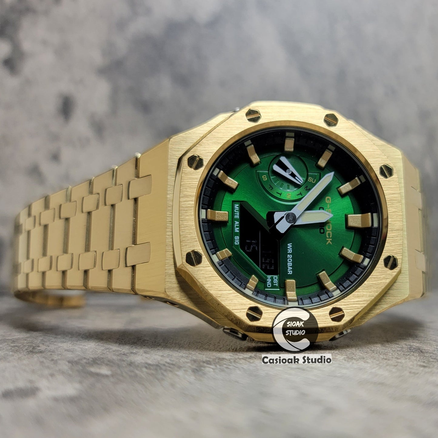 Casioak Mod Gold Case Metal Strap Black Gold Time Mark Green Dial 44mm- Casioak Mod Casio G-Shock Royal Oak Custom Mens Luxury Watches Ga2100