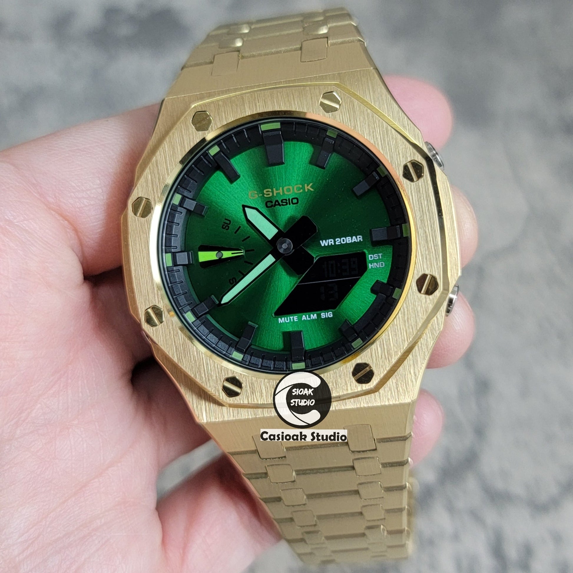 Casioak Mod Gold Case Metal Strap Black Time Mark Green Dial 44mm- Casioak Mod Casio G-Shock Royal Oak Custom Mens Luxury Watches Ga2100