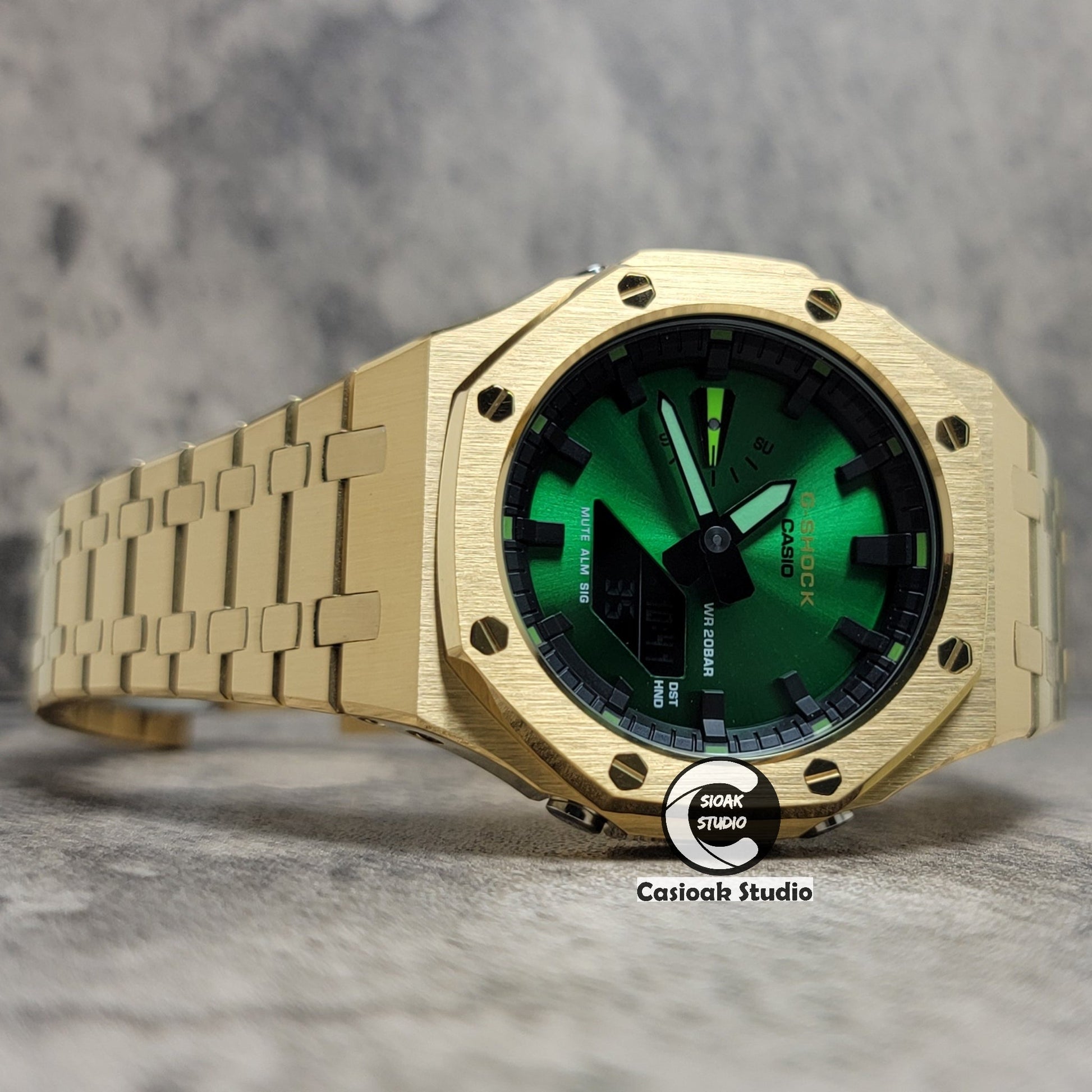 Casioak Mod Gold Case Metal Strap Black Time Mark Green Dial 44mm- Casioak Mod Casio G-Shock Royal Oak Custom Mens Luxury Watches Ga2100