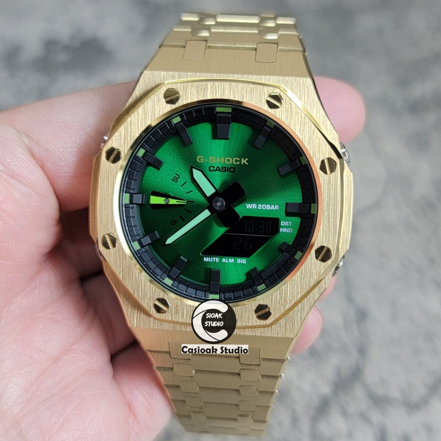 Casioak Mod Gold Case Metal Strap Green Black Time Mark Green Dial 44mm- Casioak Mod Casio G-Shock Royal Oak Custom Mens Luxury Watches Ga2100