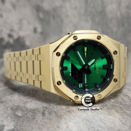 Casioak Mod Gold Case Metal Strap Green Black Time Mark Green Dial 44mm- Casioak Mod Casio G-Shock Royal Oak Custom Mens Luxury Watches Ga2100