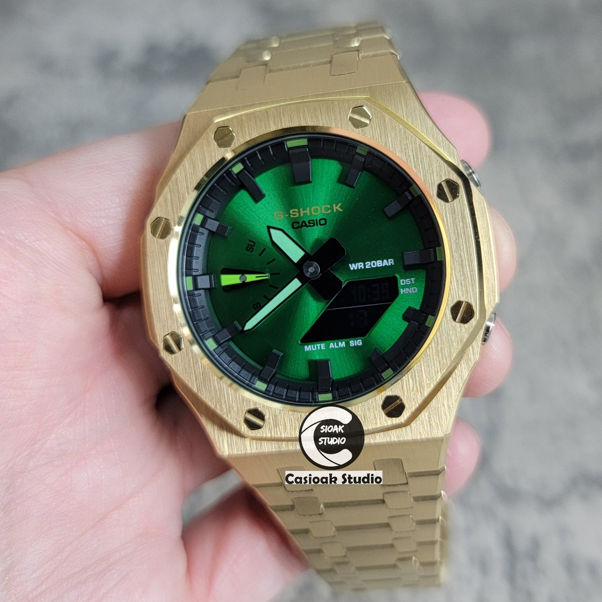 Casioak Mod Gold Case Metal Strap Green Black Time Mark Green Dial 44mm- Casioak Mod Casio G-Shock Royal Oak Custom Mens Luxury Watches Ga2100