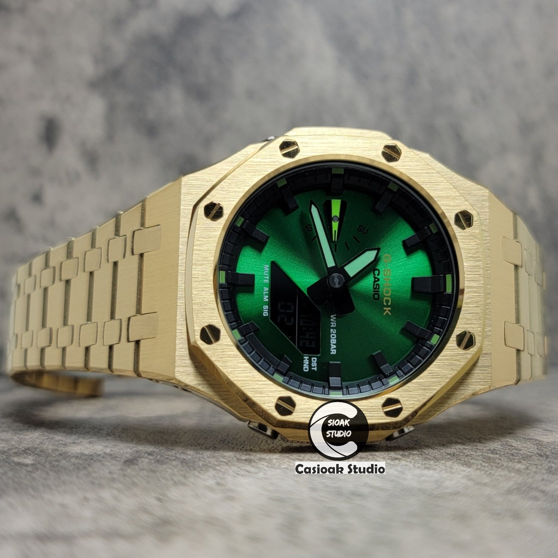 Casioak Mod Gold Case Metal Strap Green Black Time Mark Green Dial 44mm- Casioak Mod Casio G-Shock Royal Oak Custom Mens Luxury Watches Ga2100