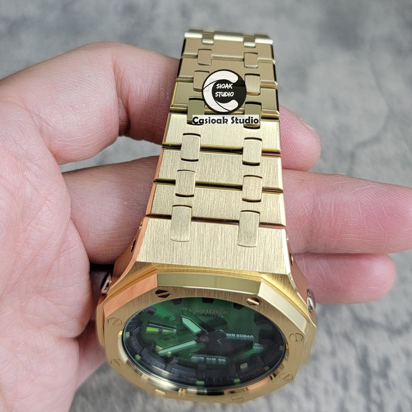 Casioak Mod Gold Case Metal Strap Green Black Time Mark Green Dial 44mm- Casioak Mod Casio G-Shock Royal Oak Custom Mens Luxury Watches Ga2100