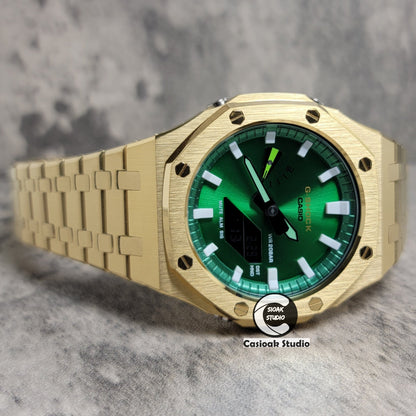 Casioak Mod Gold Case Metal Strap Green White Time Mark Green Dial 44mm- Casioak Mod Casio G-Shock Royal Oak Custom Mens Luxury Watches Ga2100