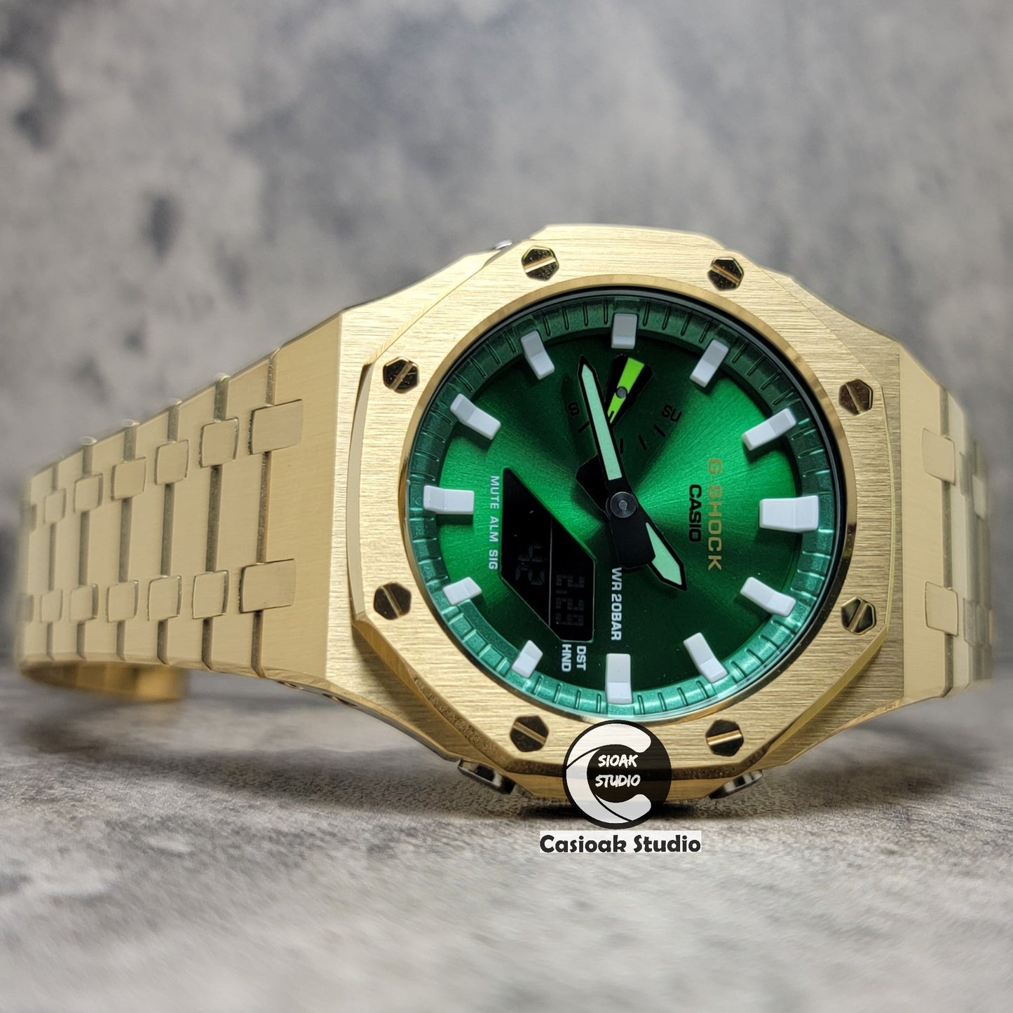 Casioak Mod Gold Case Metal Strap Green White Time Mark Green Dial 44mm- Casioak Mod Casio G-Shock Royal Oak Custom Mens Luxury Watches Ga2100