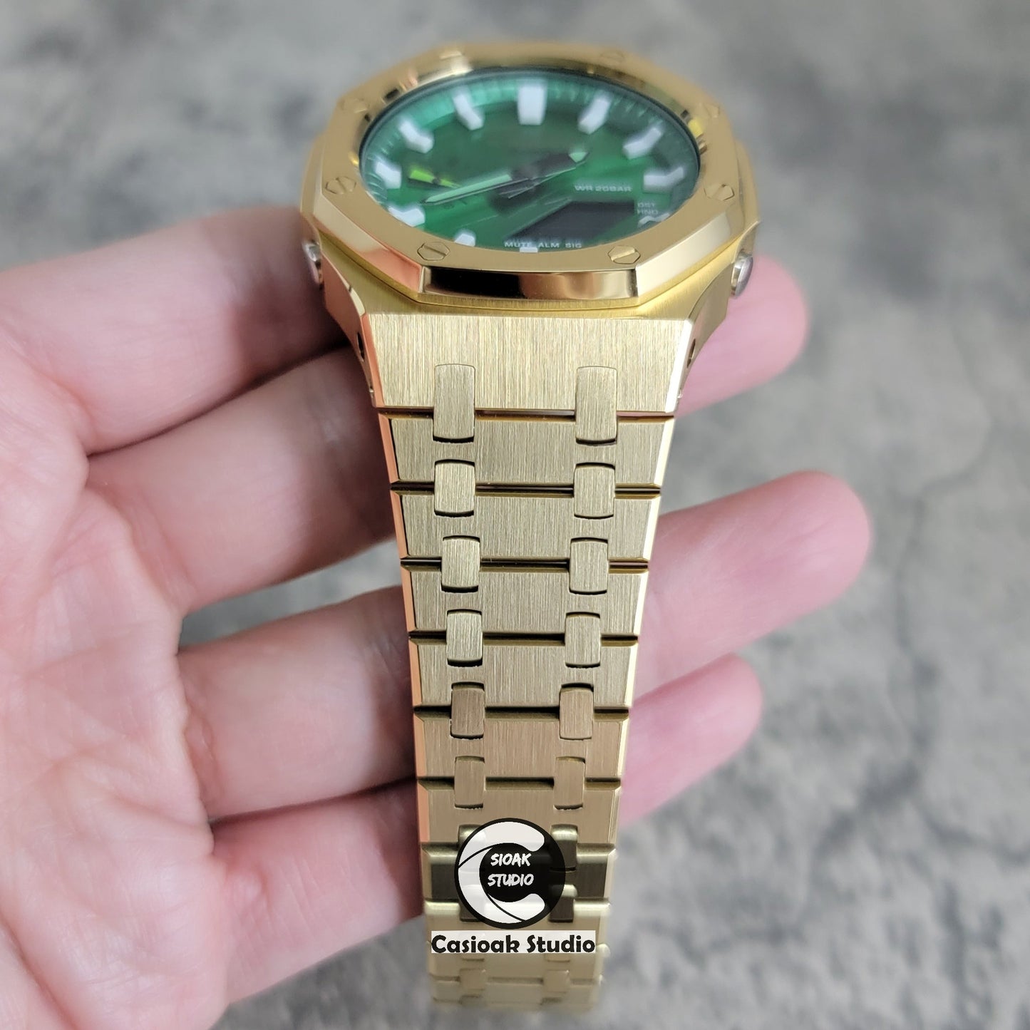 Casioak Mod Gold Case Metal Strap Green White Time Mark Green Dial 44mm- Casioak Mod Casio G-Shock Royal Oak Custom Mens Luxury Watches Ga2100