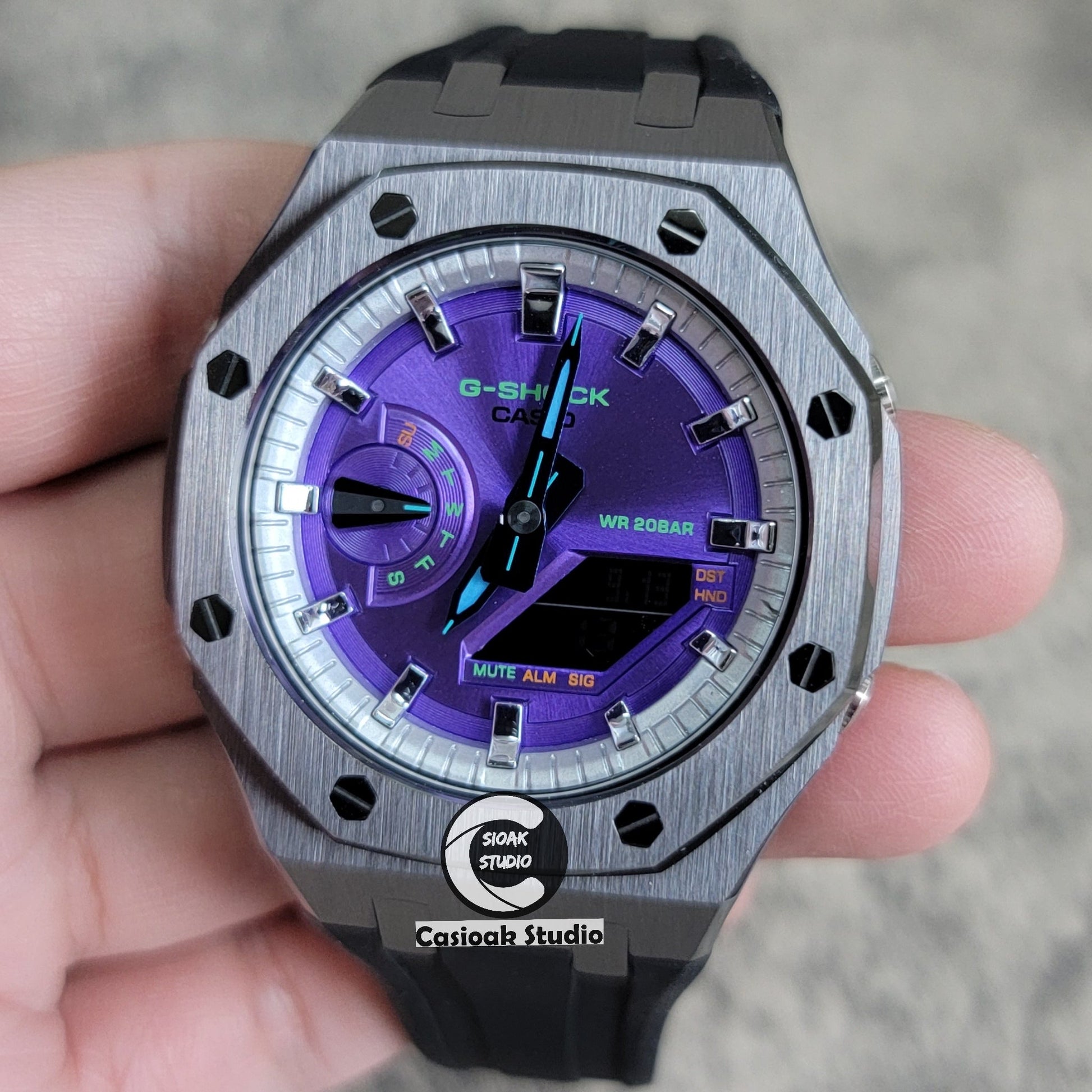 Casioak Mod Gray Case Black Rub Silver Time Mark Purple Dial 44mm- Casioak Mod Casio G-Shock Royal Oak Custom Mens Luxury Watches Ga2100