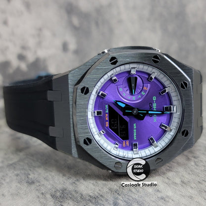 Casioak Mod Gray Case Black Rub Silver Time Mark Purple Dial 44mm- Casioak Mod Casio G-Shock Royal Oak Custom Mens Luxury Watches Ga2100