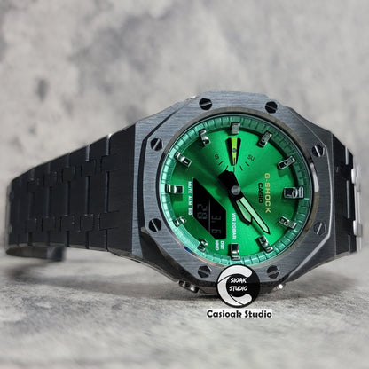 Casioak Mod Gray Case Metal Strap Green Gray Time Mark Green Dial 44mm- Casioak Mod Casio G-Shock Royal Oak Custom Mens Luxury Watches Ga2100