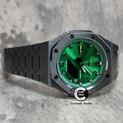 Casioak Mod Gray Case Metal Strap Green Gray Time Mark Green Dial 44mm- Casioak Mod Casio G-Shock Royal Oak Custom Mens Luxury Watches Ga2100