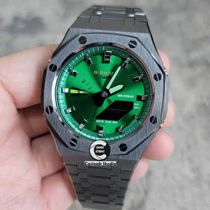 Casioak Mod Gray Case Metal Strap Green Gray Time Mark Green Dial 44mm- Casioak Mod Casio G-Shock Royal Oak Custom Mens Luxury Watches Ga2100