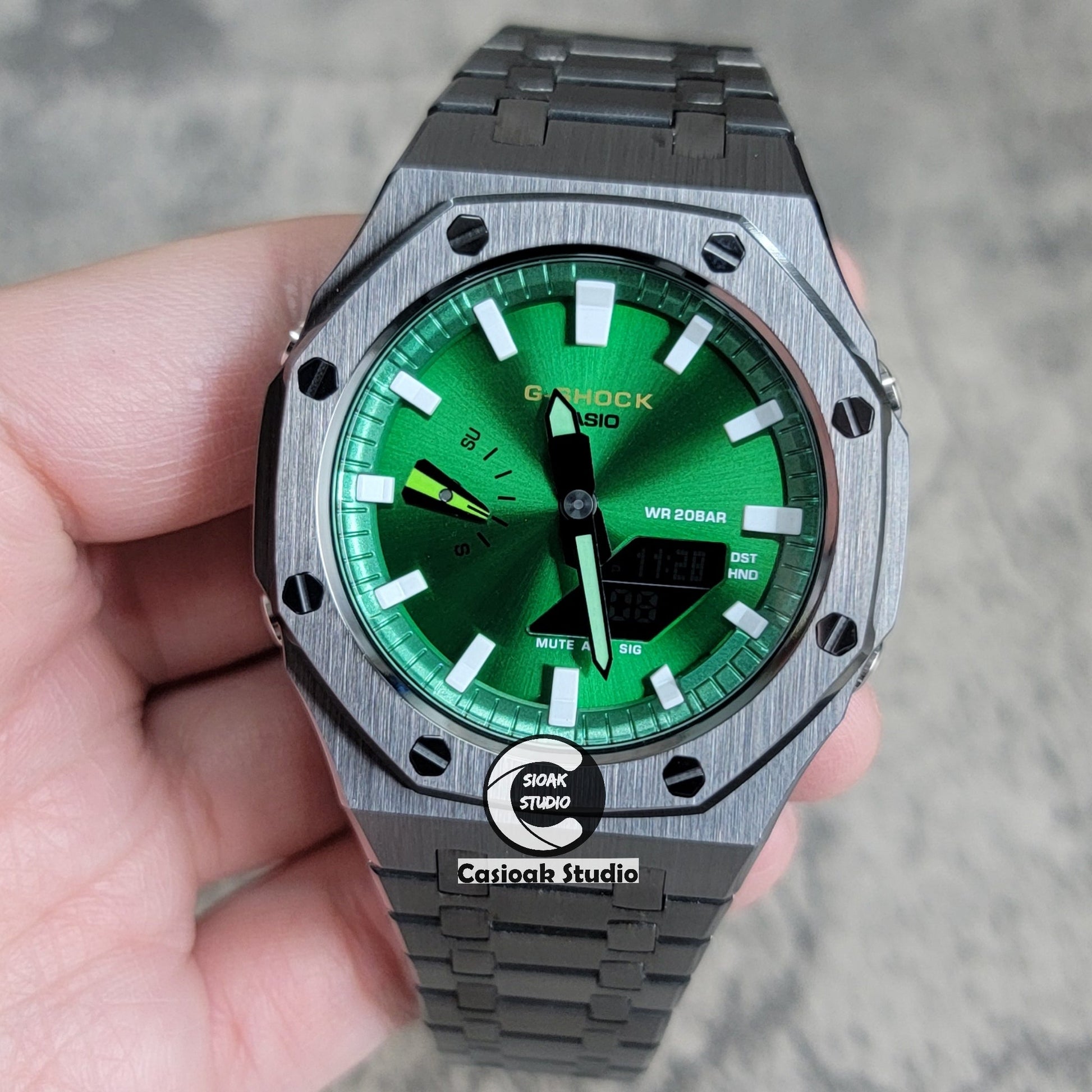 Casioak Mod Gray Case Metal Strap Green White Time Mark Green Dial 44mm- Casioak Mod Casio G-Shock Royal Oak Custom Mens Luxury Watches Ga2100