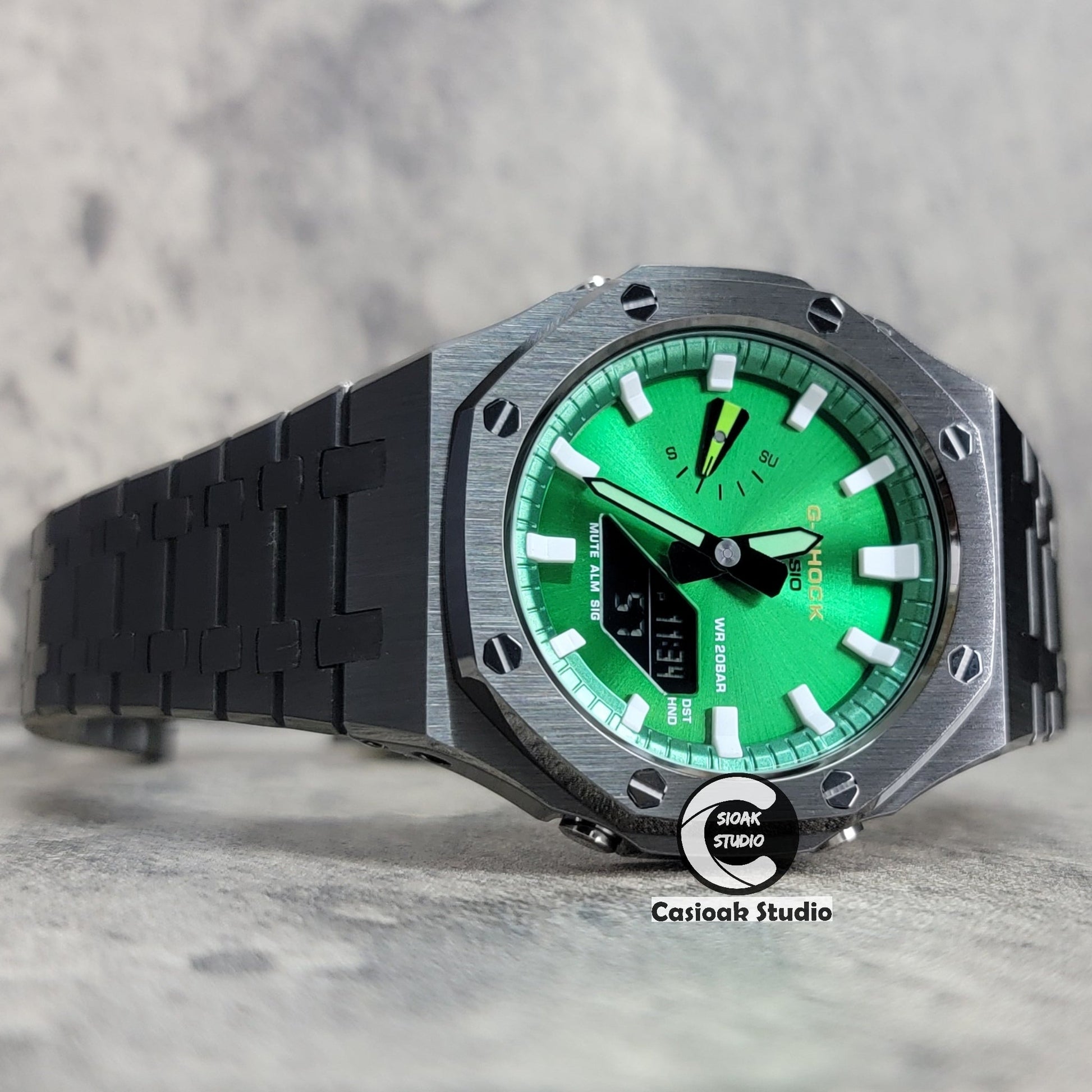 Casioak Mod Gray Case Metal Strap Green White Time Mark Green Dial 44mm- Casioak Mod Casio G-Shock Royal Oak Custom Mens Luxury Watches Ga2100